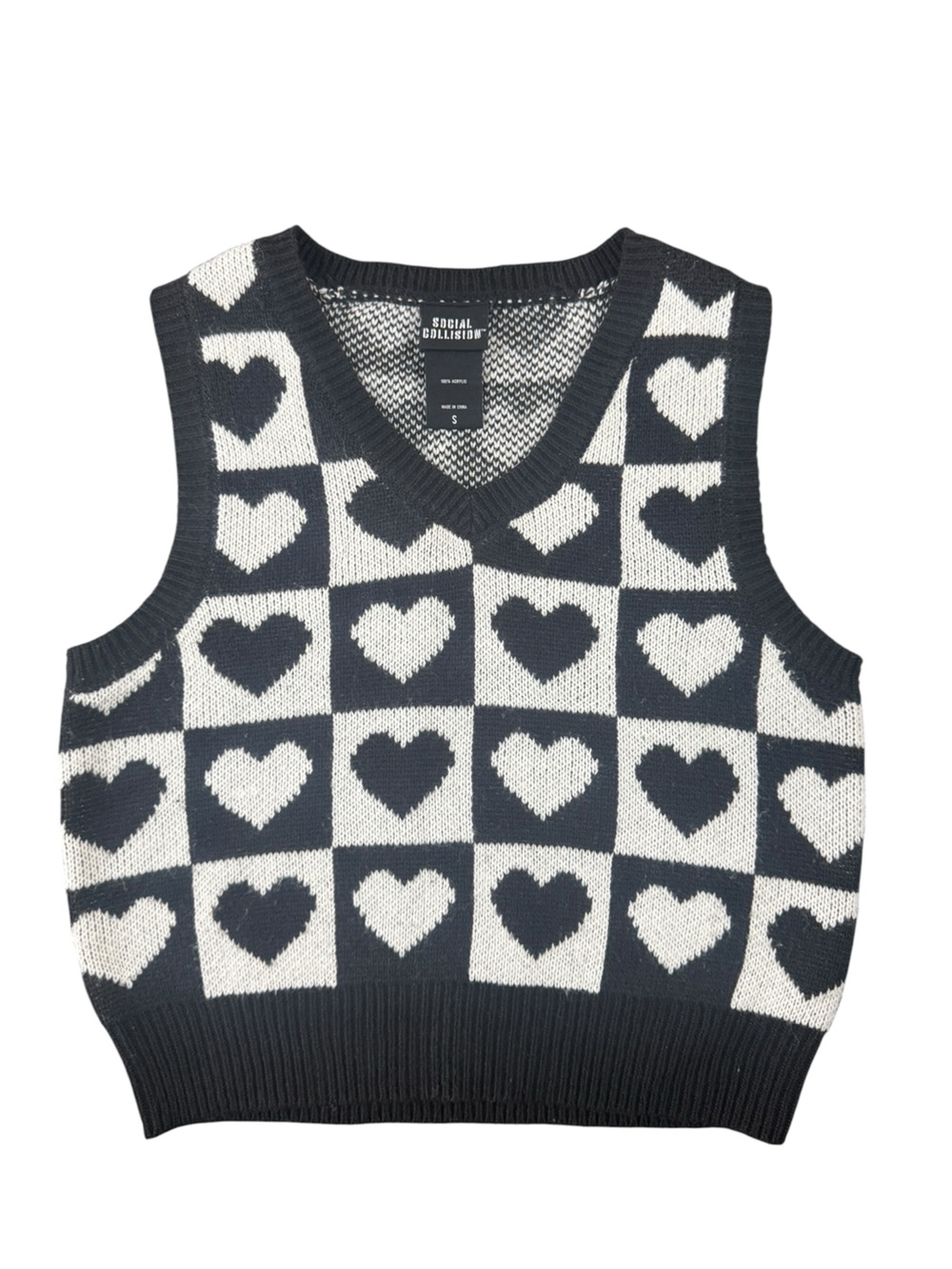 Social Collision Heart Checkerboard Sweater Vest Black White Size Small